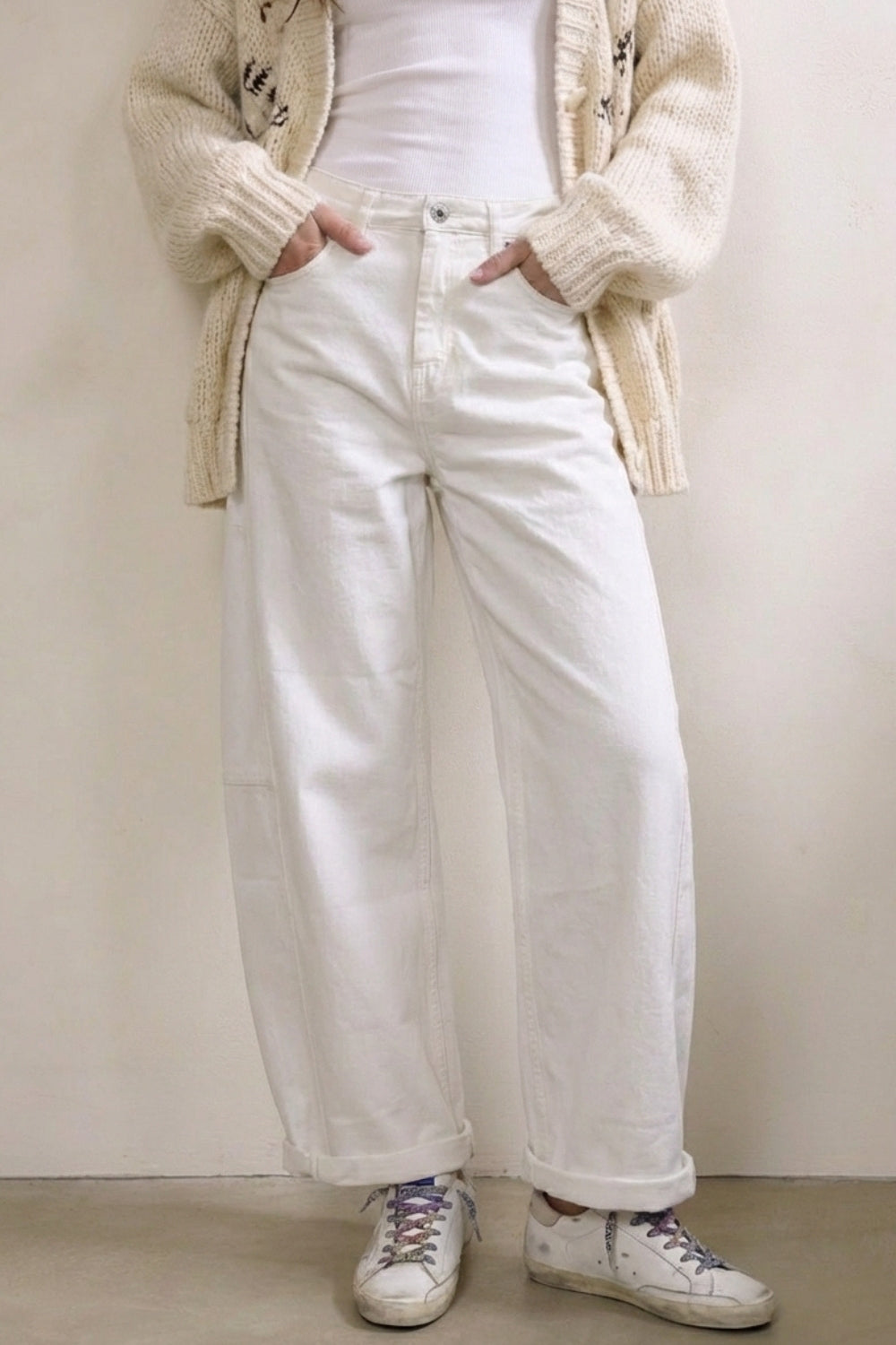 Q2 Pantalon blanc à jambe large décontracté et coupe ample en style tonneau