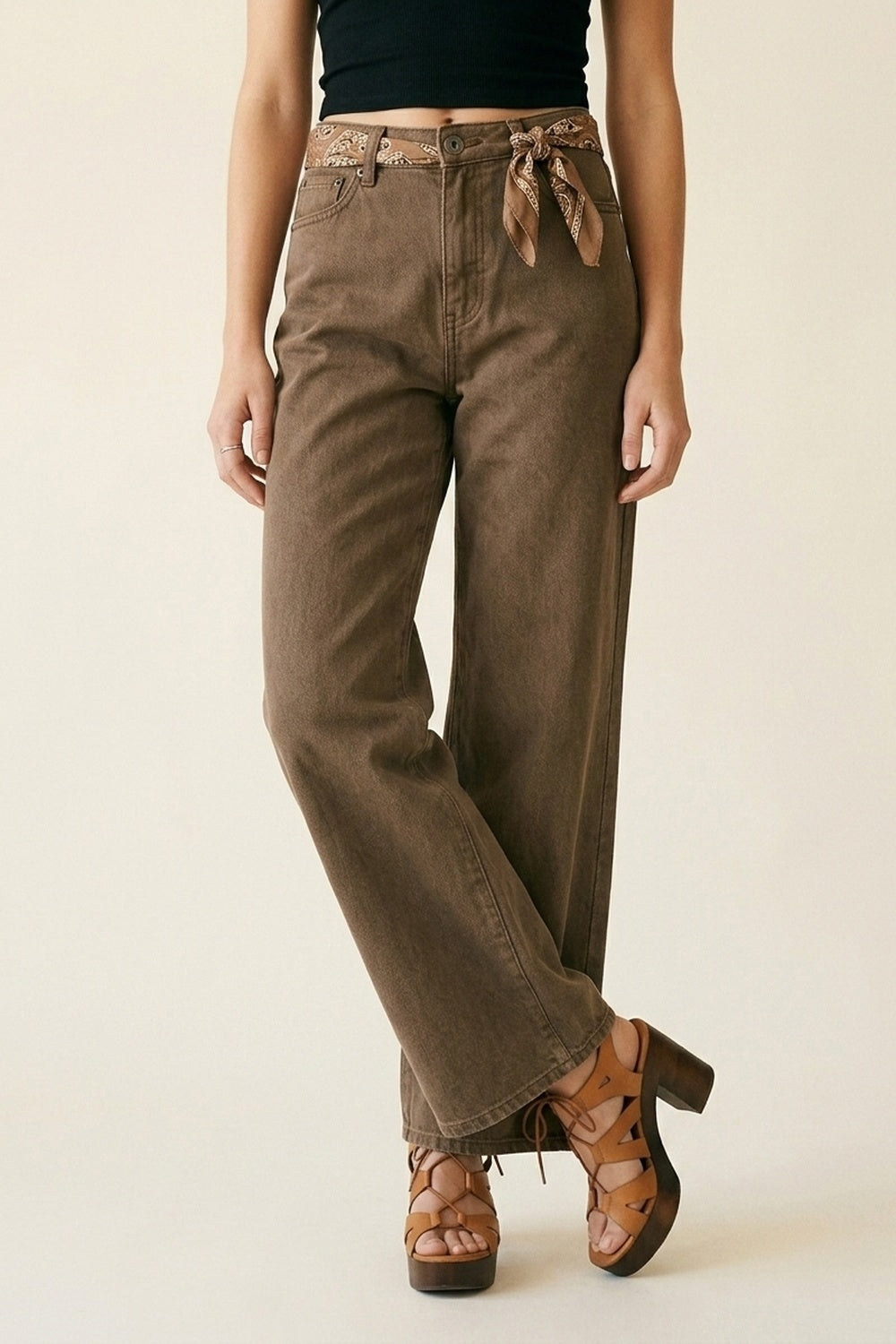 Q2 Pantalon en denim marron large en coton décontracté