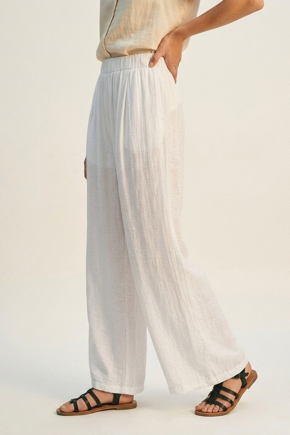 Q2 Pantalon large blanc léger tissé à taille élastique