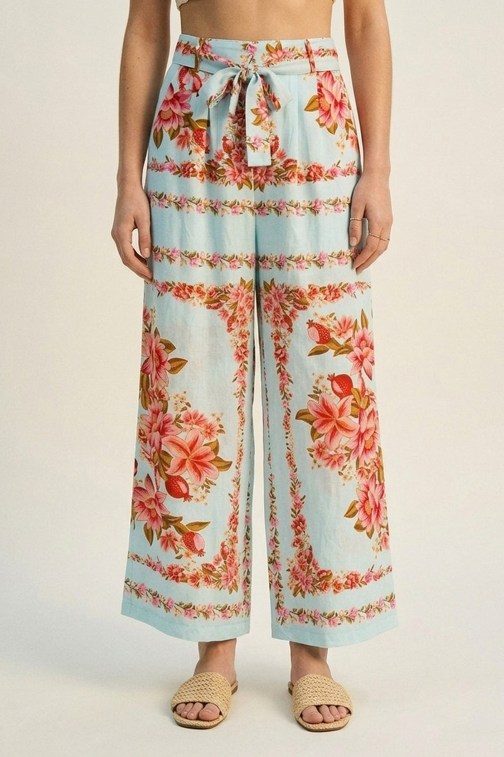 Q2 Pantalon large en coton à taille nouée imprimé floral bleu clair