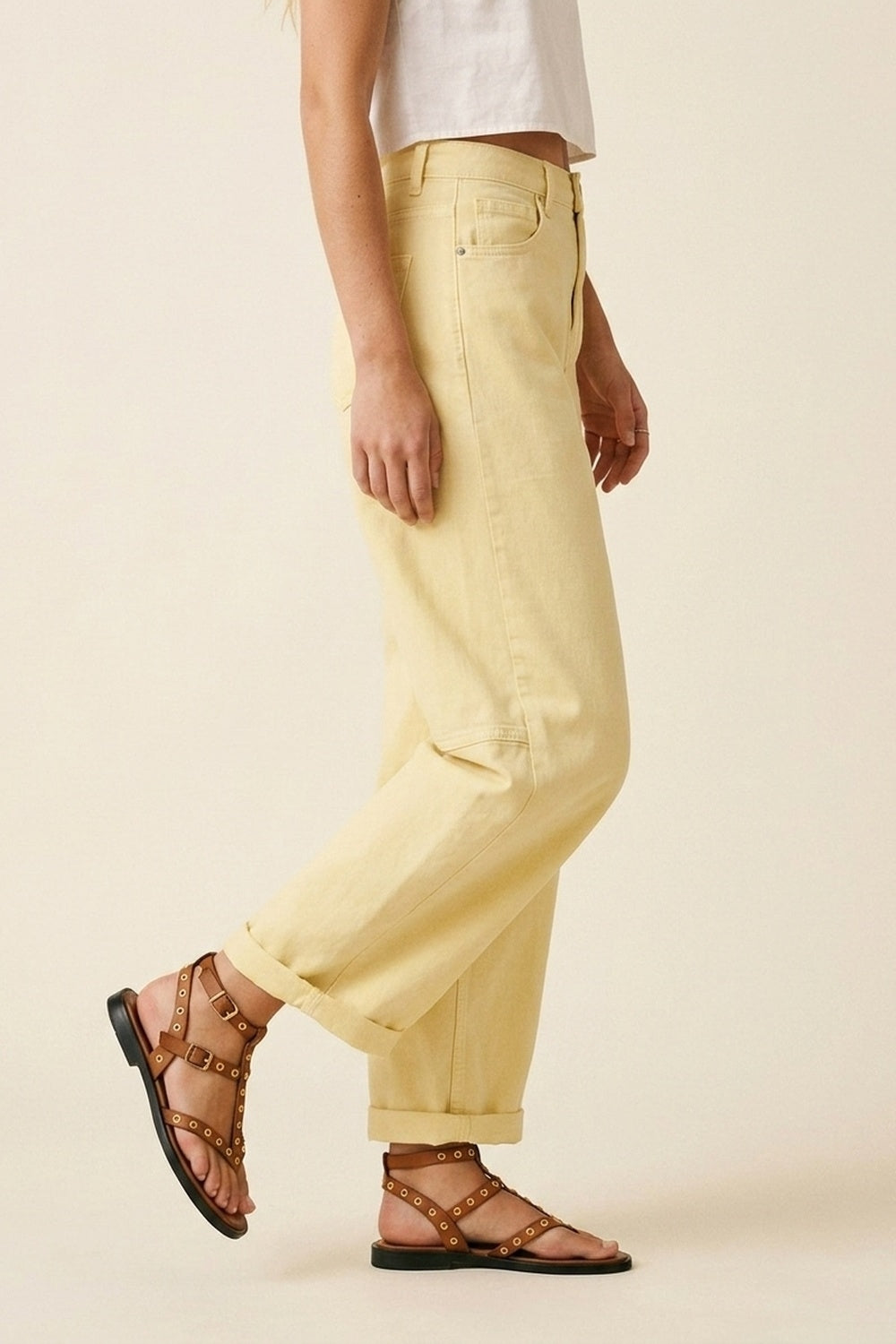 Q2 Pantalon large en coton jaune clair avec couture latérale