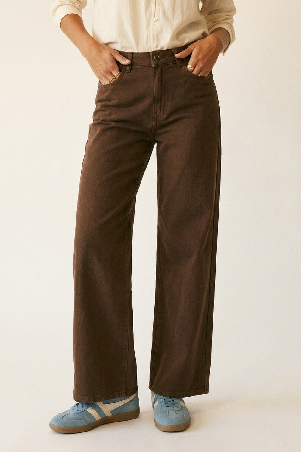 Q2 Pantalon large marron en sergé léger