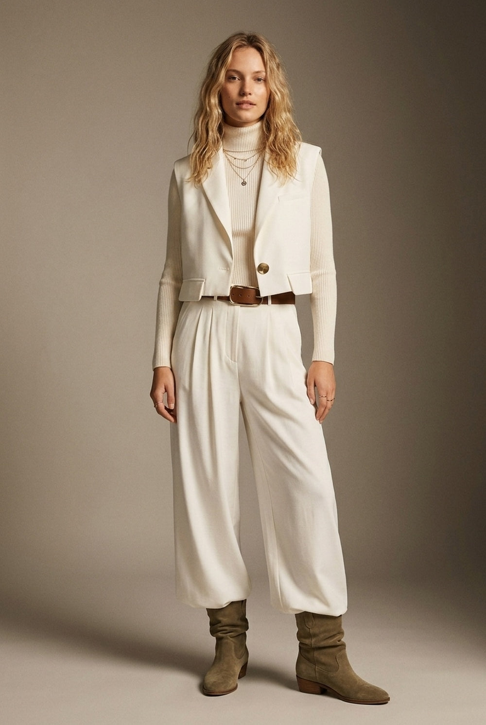 Q2 Pantalon large plissé avec ceinture en tissu léger tissé en blanc