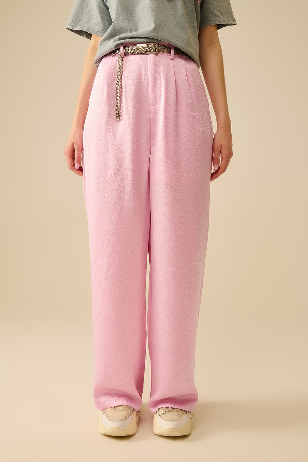 Q2 Pantalon satin tailleur à jambe large en rose