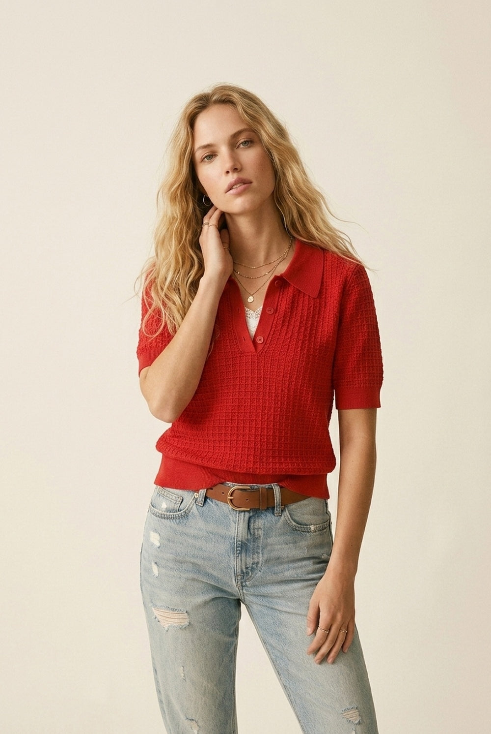 Q2 Polo à patte de boutonnage en maille gaufrée rouge à manches courtes