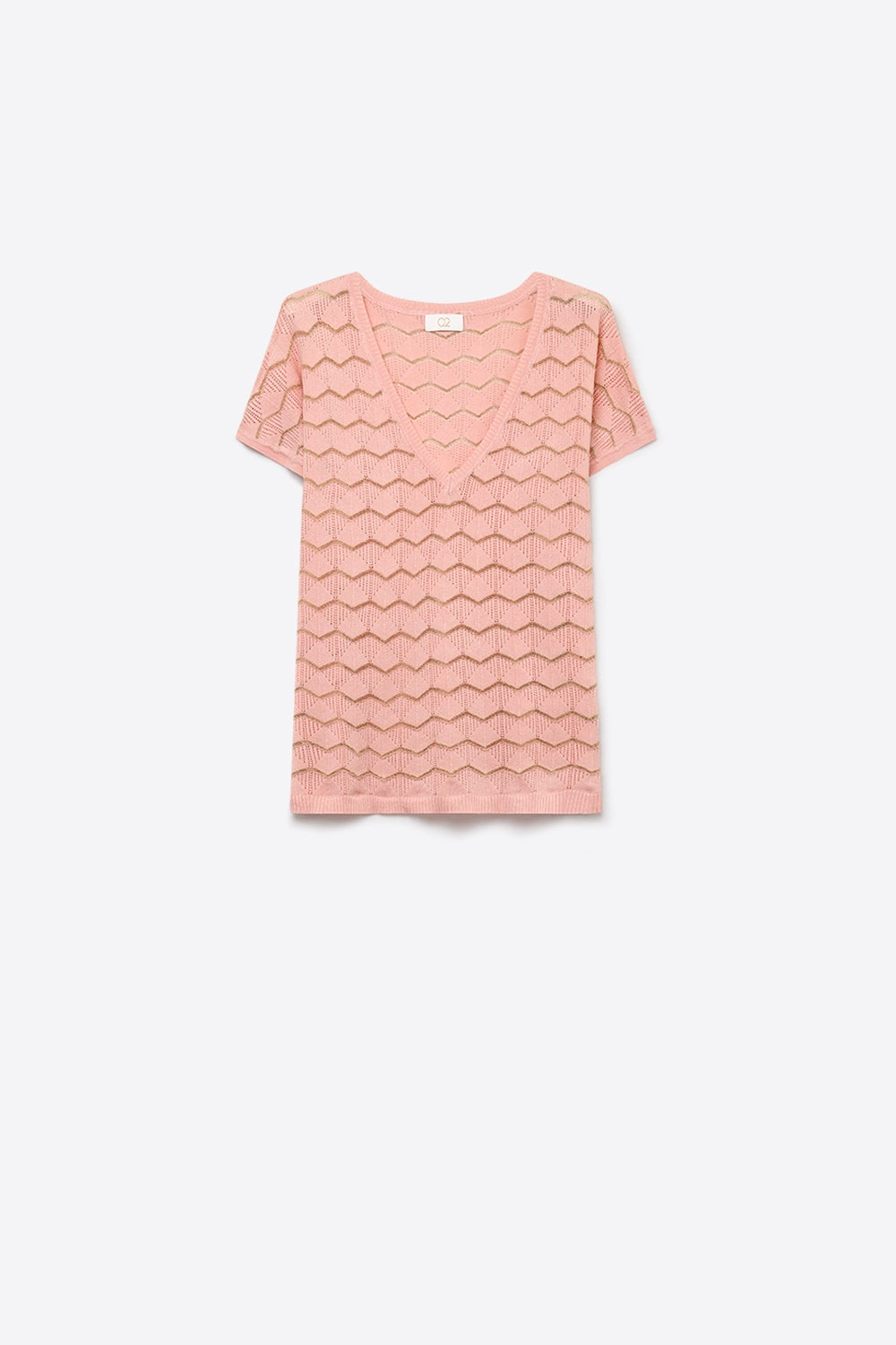 Q2 pull à manches courtes en maille fine à chevrons rose pâle avec col en V