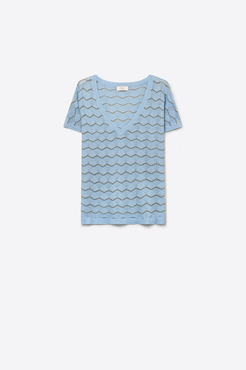 Q2 Pull à manches courtes et col en V en maille fine avec motif chevron bleu clair