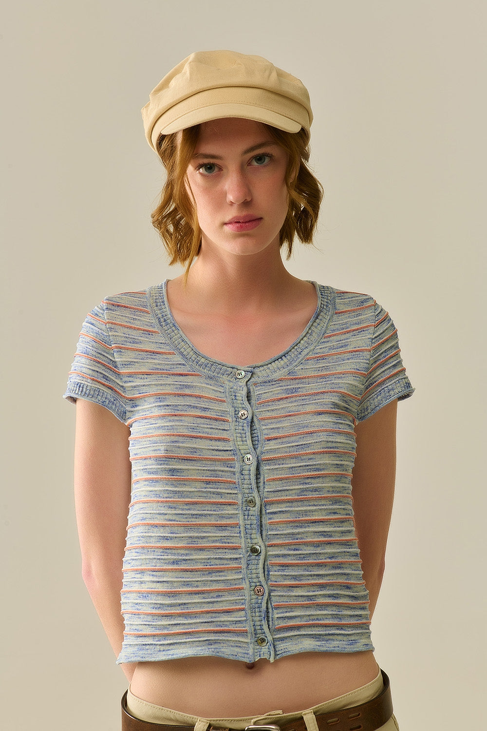 Q2 Pull Boutonné Bleu à Rayures Oranges