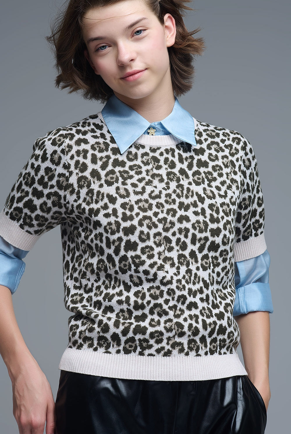 Q2 Pull chic à manches courtes imprimé léopard