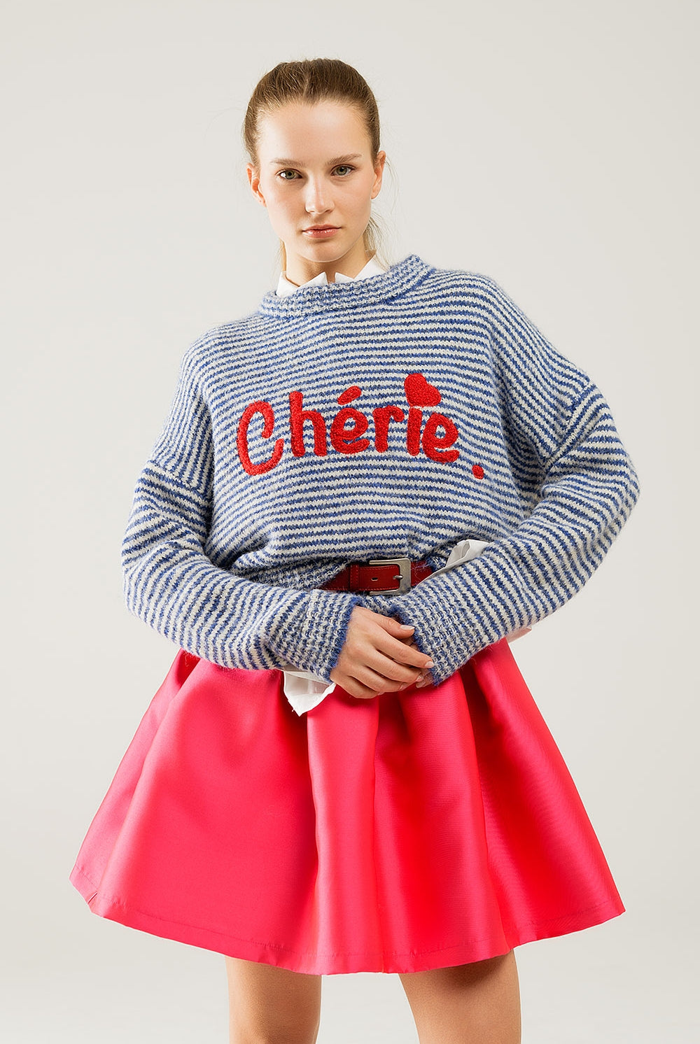 Q2 Pull décontracté à rayures épaisses en bleu et blanc