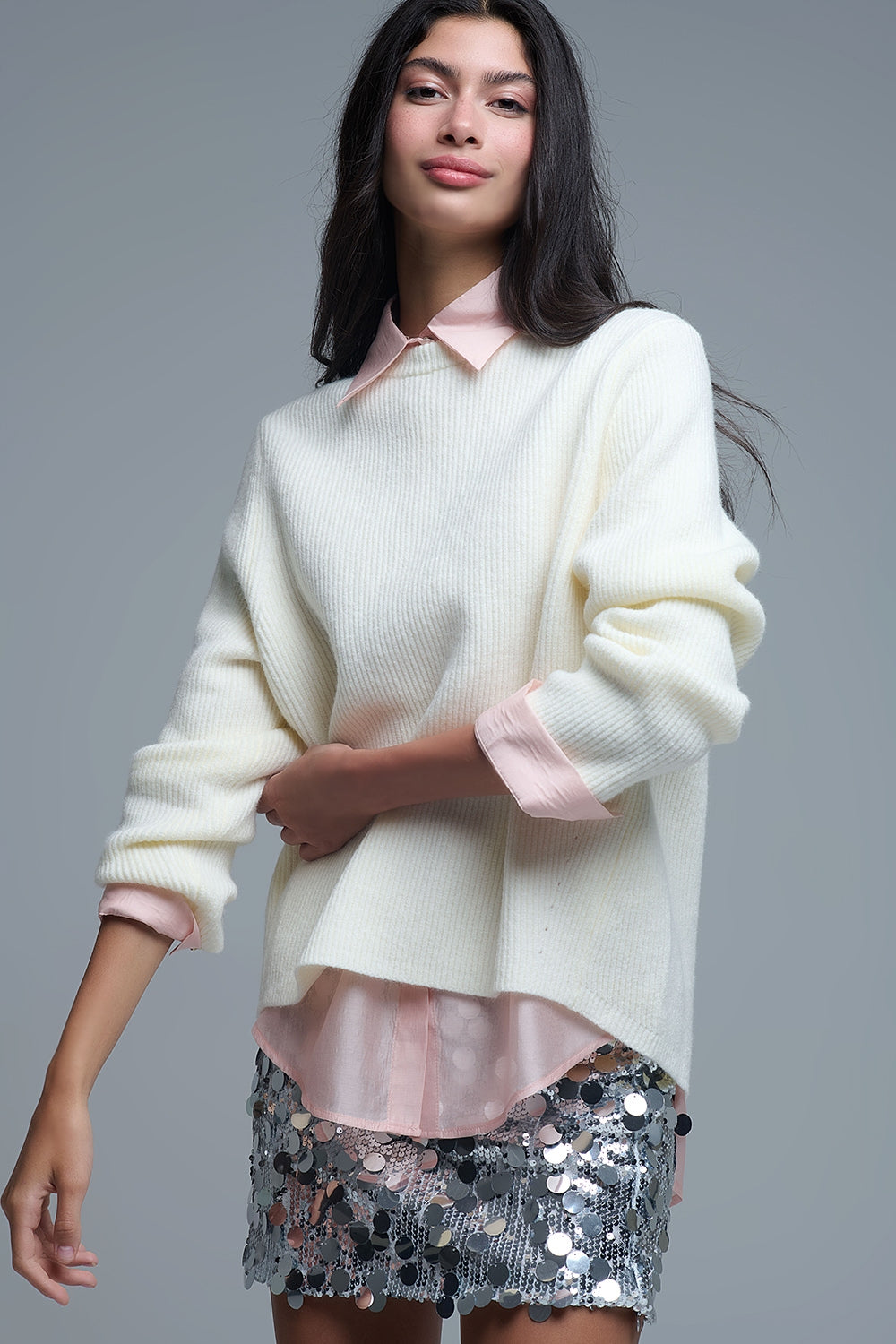 Q2 Pull en tricot confortable côtelé crème