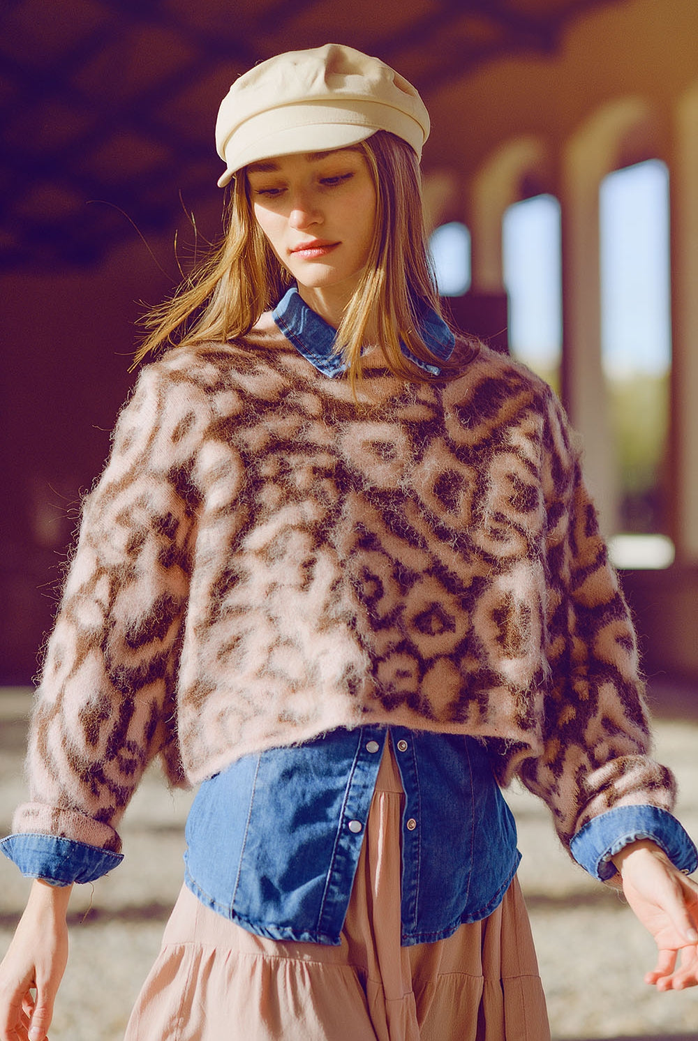 Q2 Pull imprimé léopard rose en laine tricotée