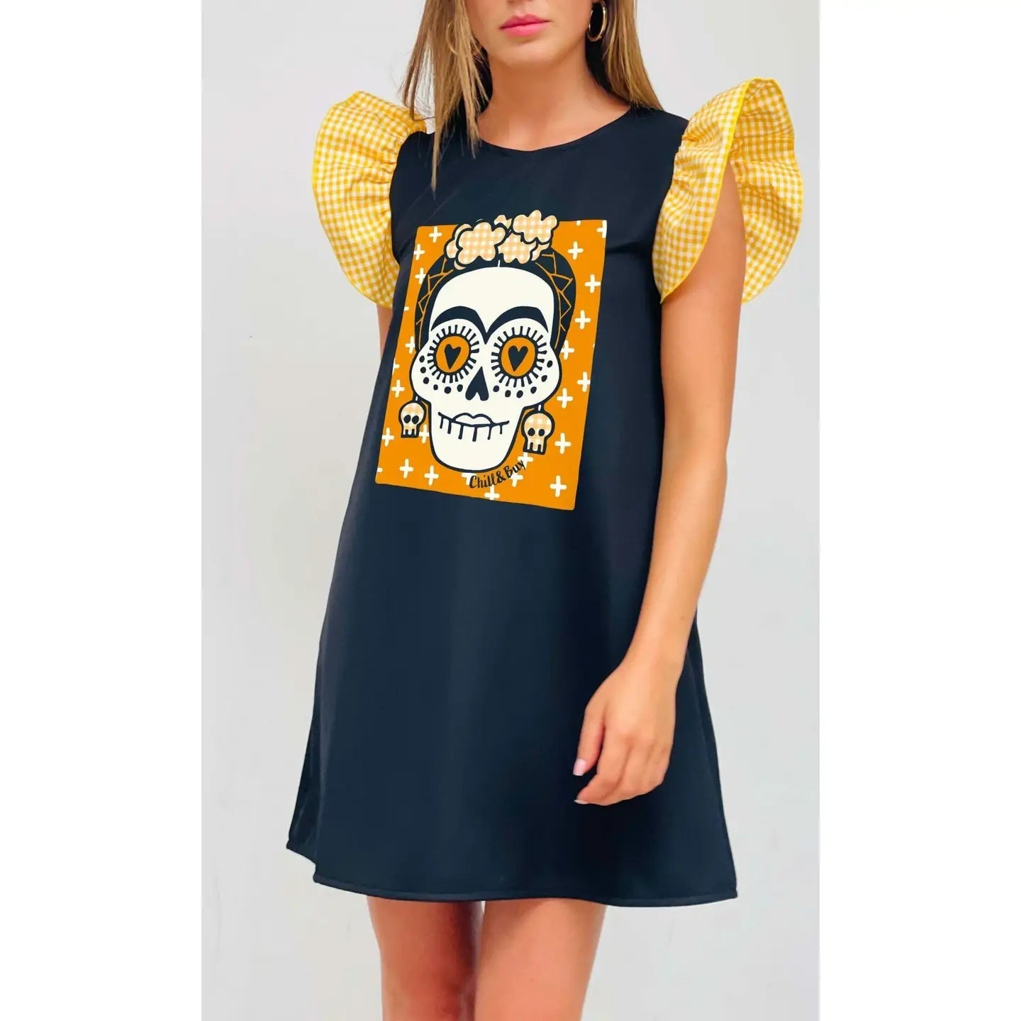 Robe à manches noires Thalia Vichy jaune - La boutique de Nannye