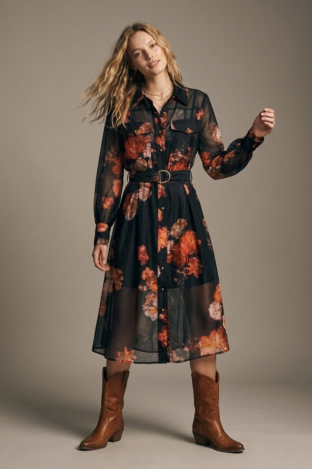 Q2 Robe-chemise midi noire à imprimé floral transparent avec ceinture et manches longues