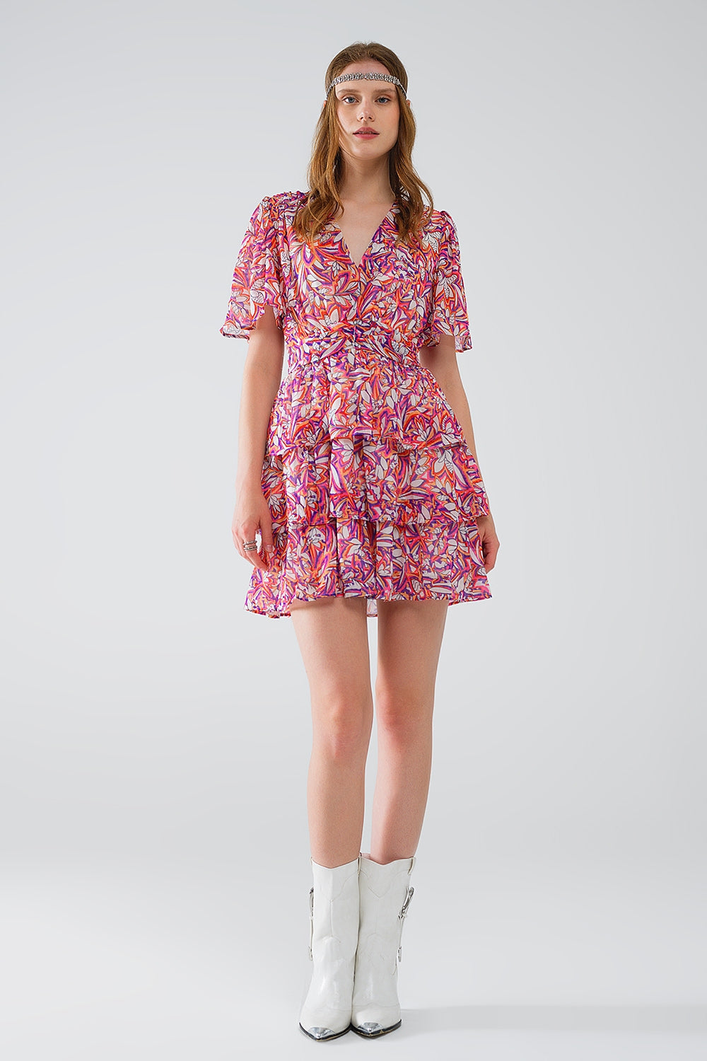 Q2 Robe courte multicolore à imprimé floral et à motif froncé