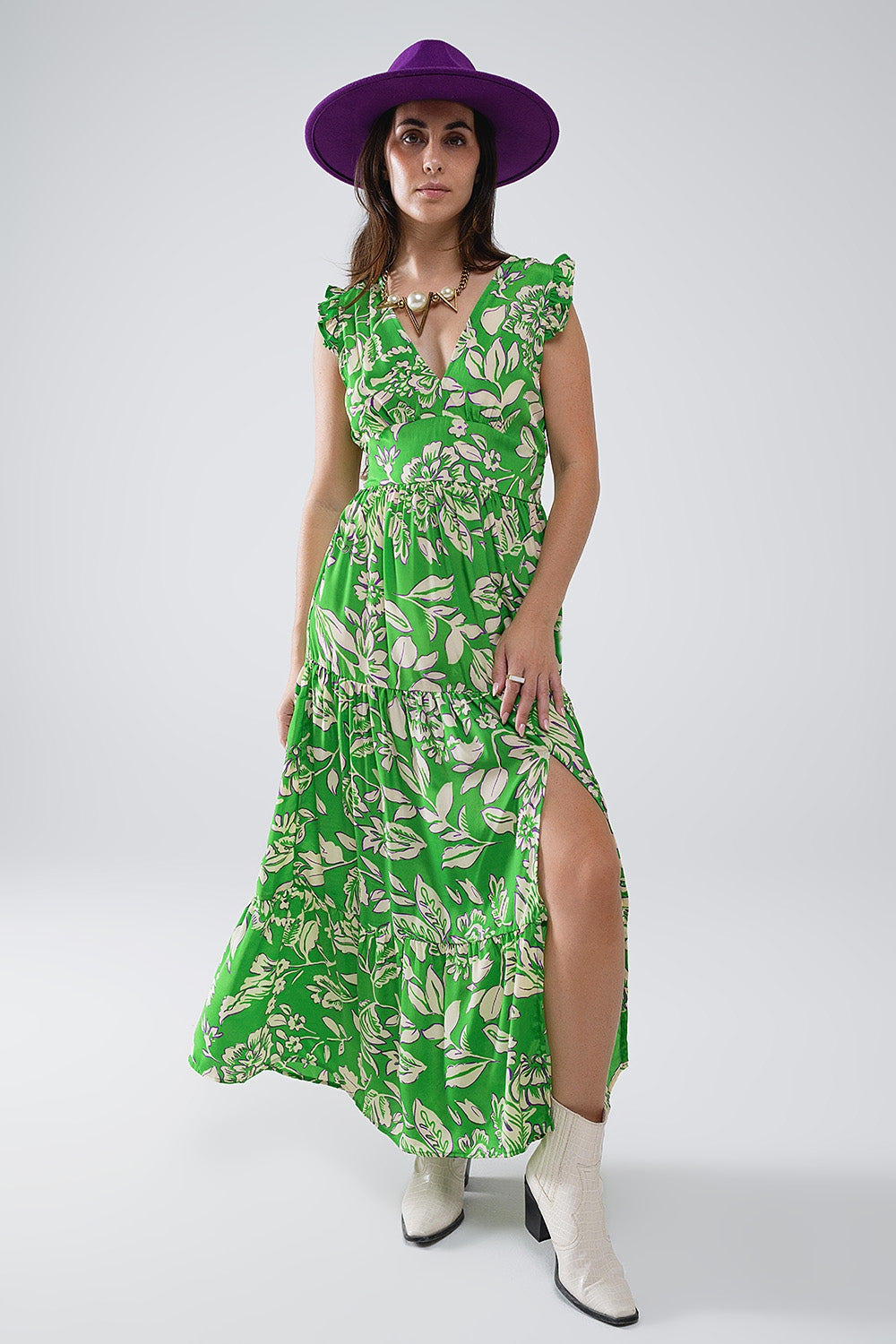Q2 Robe longue à taille cintrée à imprimé floral en vert