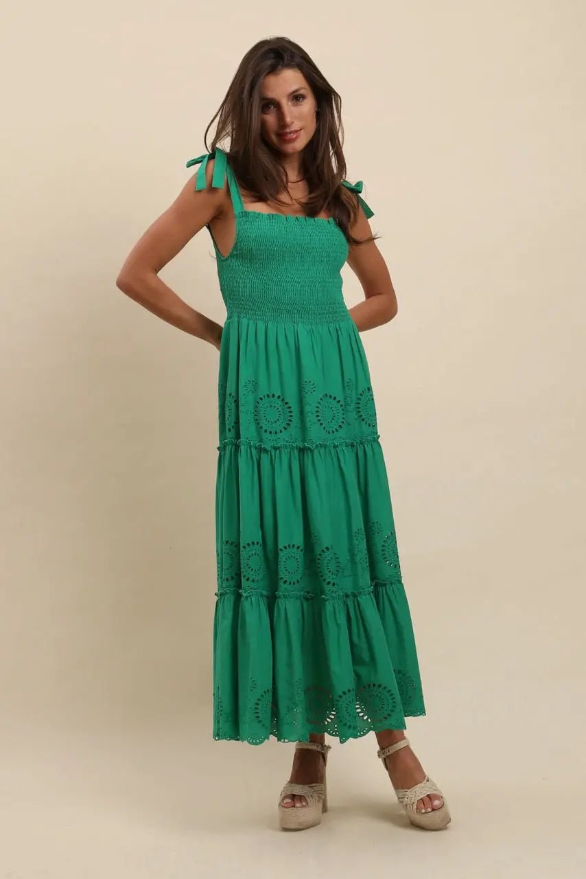 Robe longue broderie verte Colombiana - La boutique de Nannye