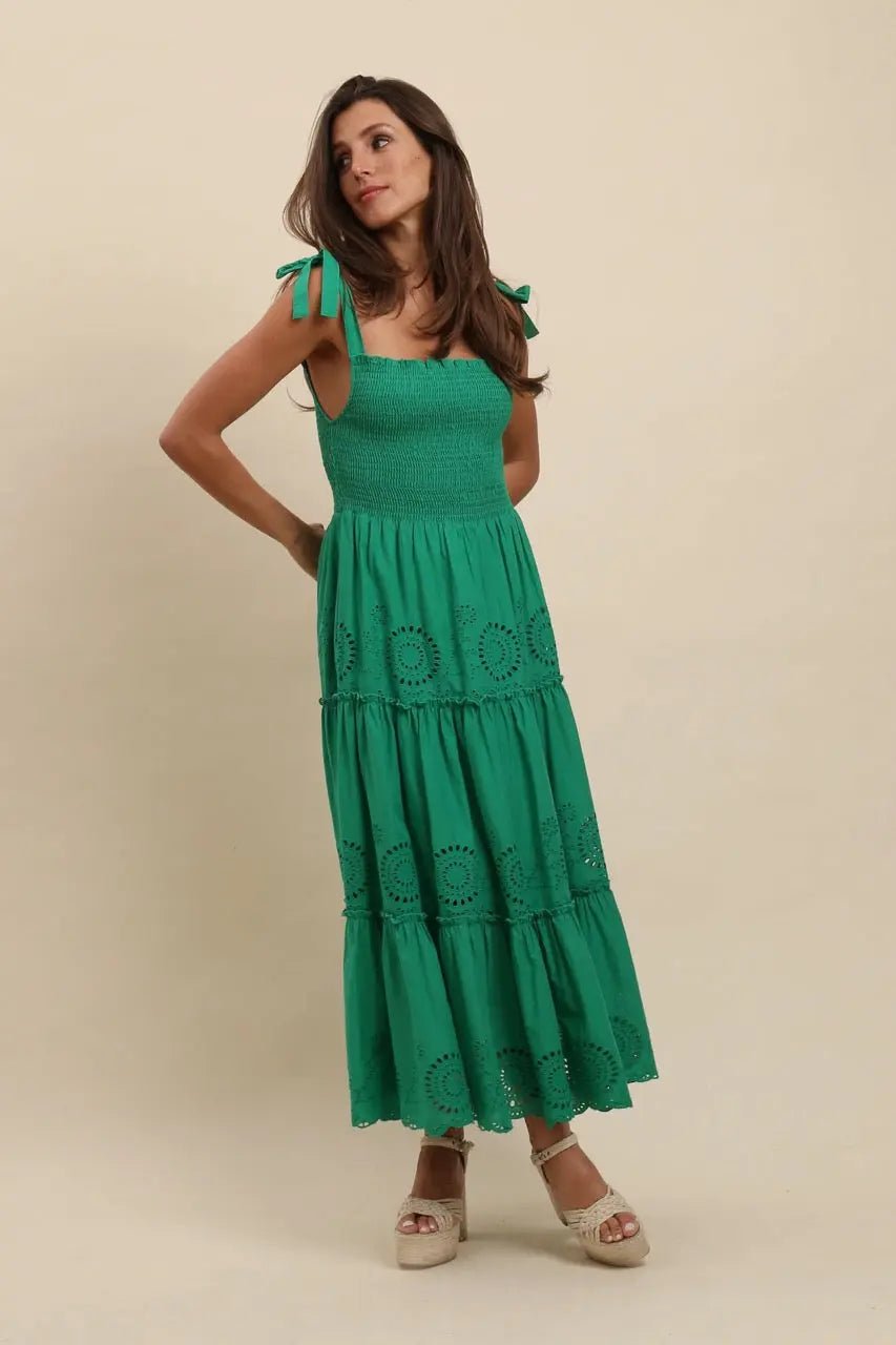 Robe longue broderie verte Colombiana - La boutique de Nannye