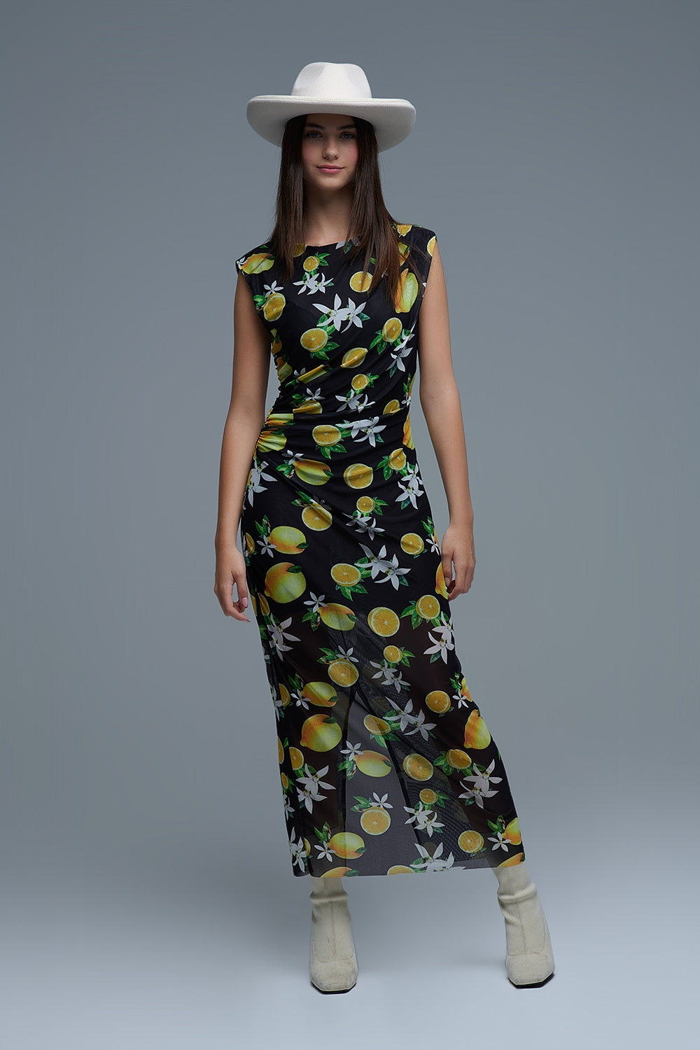 Q2 Robe longue en tulle noir avec volant sur le côté en imprimé jaune citron