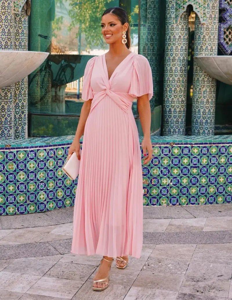 Robe longue plissée rose poudrée Charlotte - La boutique de Nannye