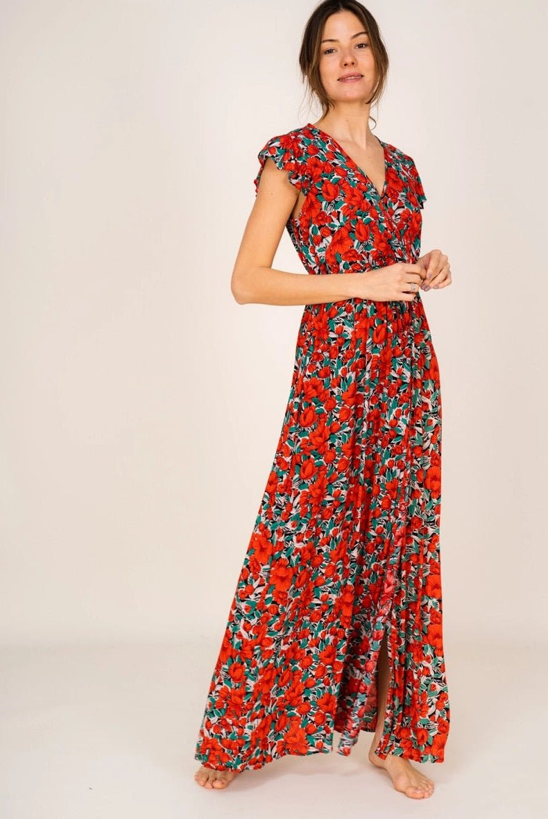 Robe Longue Rouge Fleurie Andrea - Fraîcheur et Féminité - La boutique de Nannye