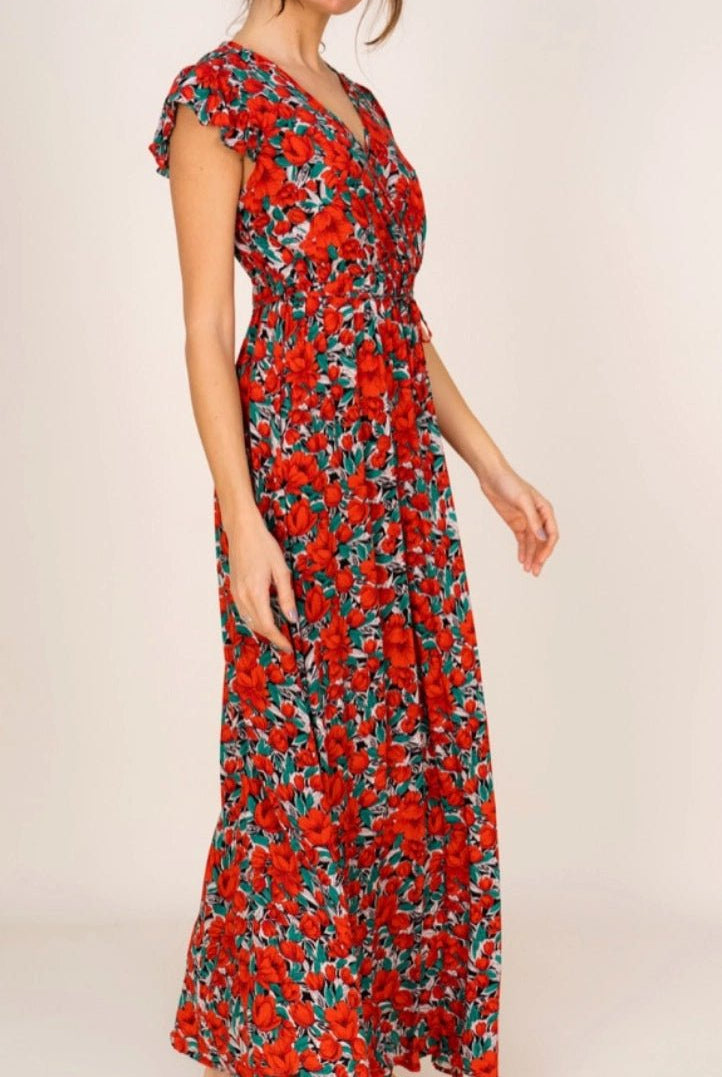 Robe Longue Rouge Fleurie Andrea - Fraîcheur et Féminité - La boutique de Nannye