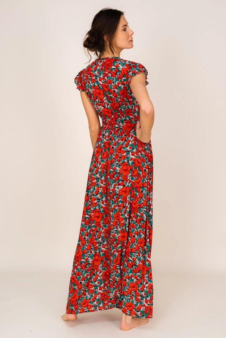 Robe Longue Rouge Fleurie Andrea - Fraîcheur et Féminité - La boutique de Nannye