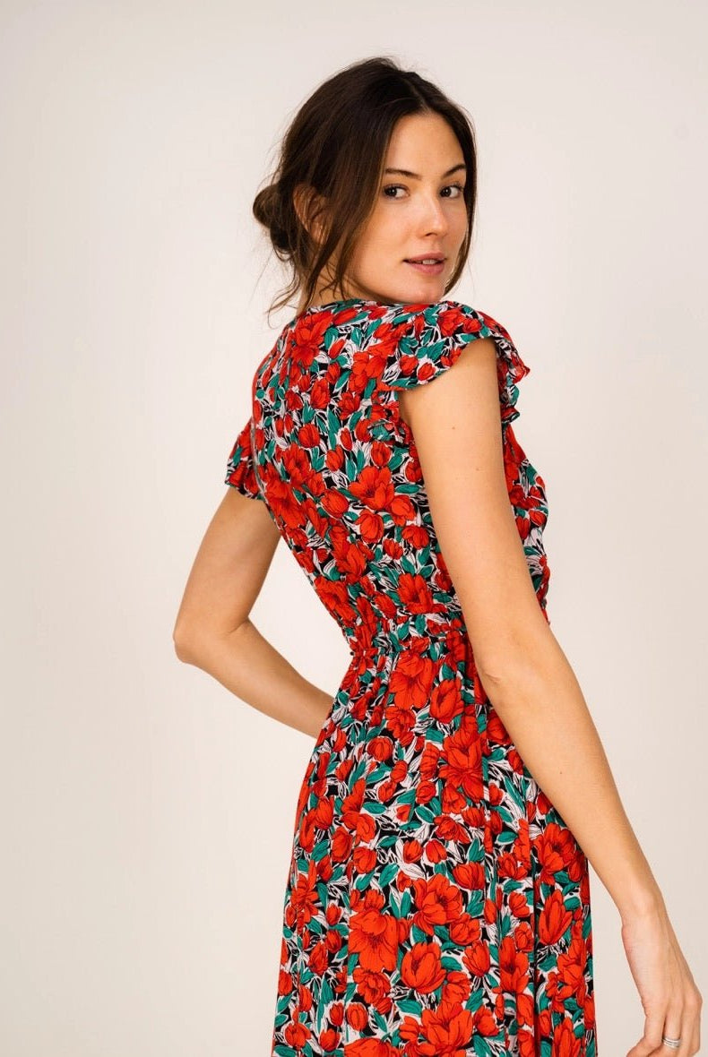 Robe Longue Rouge Fleurie Andrea - Fraîcheur et Féminité - La boutique de Nannye
