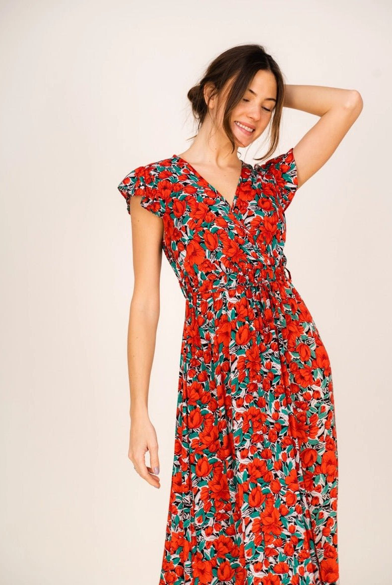 Robe Longue Rouge Fleurie Andrea - Fraîcheur et Féminité - La boutique de Nannye