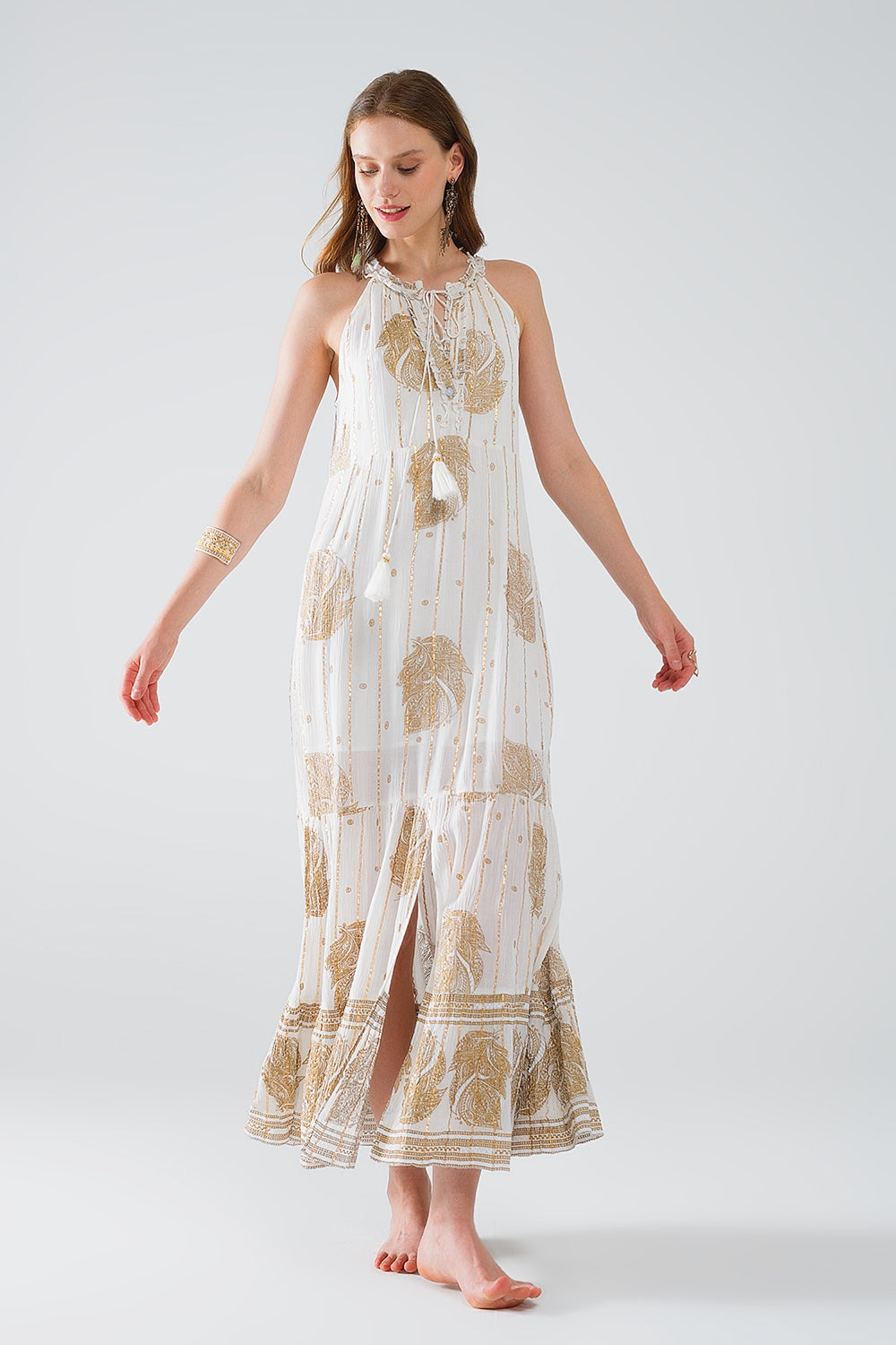 Q2 robe maxi boho en mousseline de soie avec imprimé fleuri doré