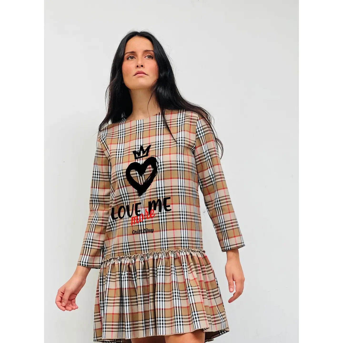 Robe midi à carreaux marrons : Élégance décontractée et détails uniques - La boutique de Nannye