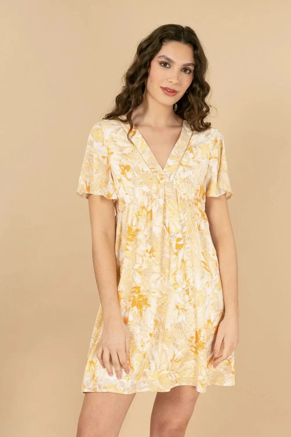 Robe midi fleurie jaune Aurore - La boutique de Nannye