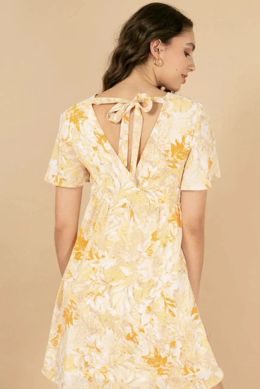 Robe midi fleurie jaune Aurore - La boutique de Nannye