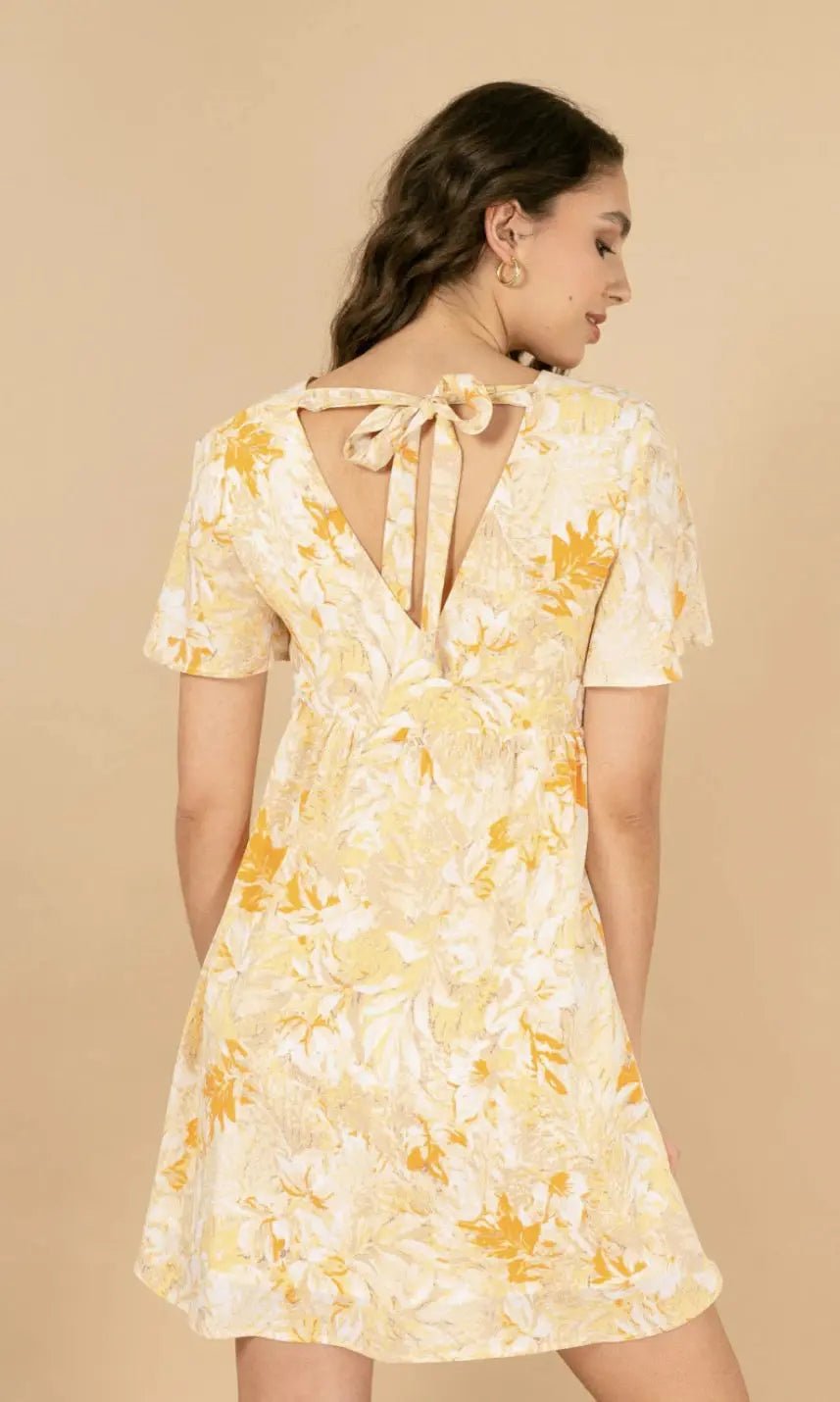 Robe midi fleurie jaune Aurore - La boutique de Nannye