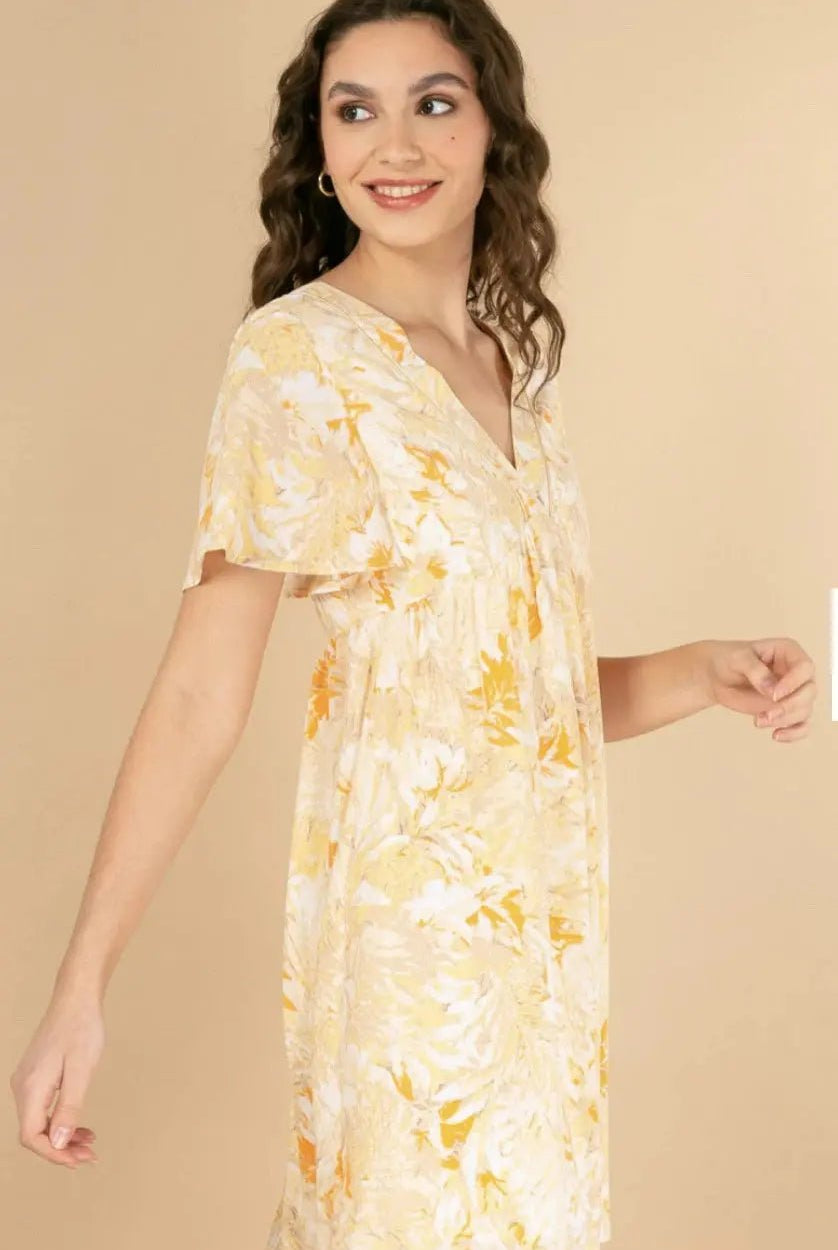 Robe midi fleurie jaune Aurore - La boutique de Nannye