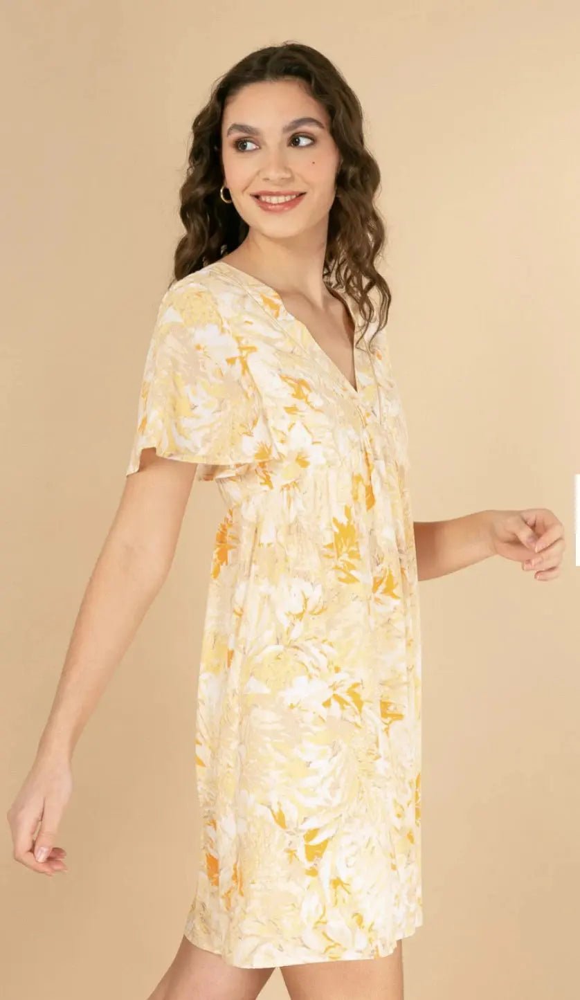 Robe midi fleurie jaune Aurore - La boutique de Nannye