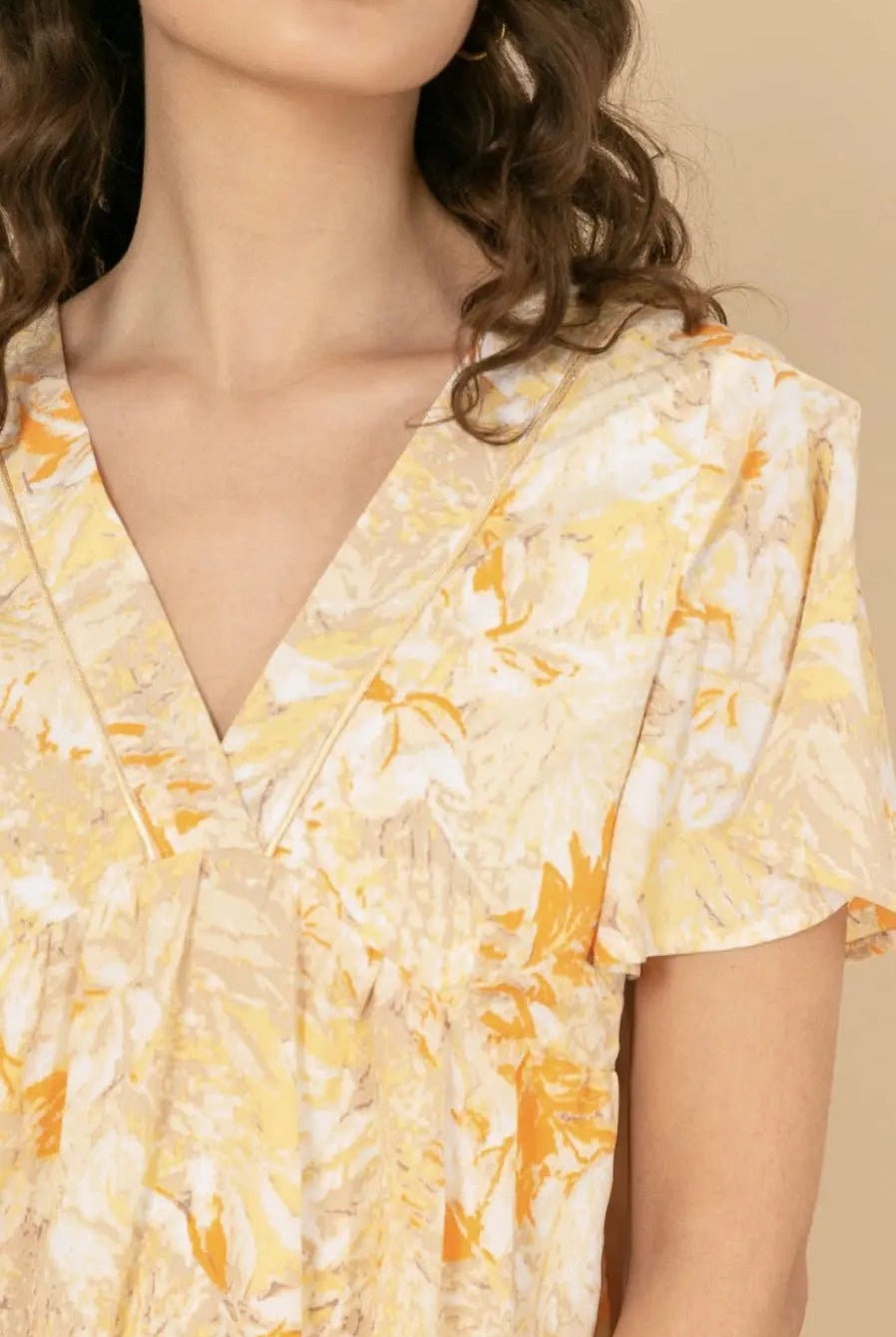 Robe midi fleurie jaune Aurore - La boutique de Nannye