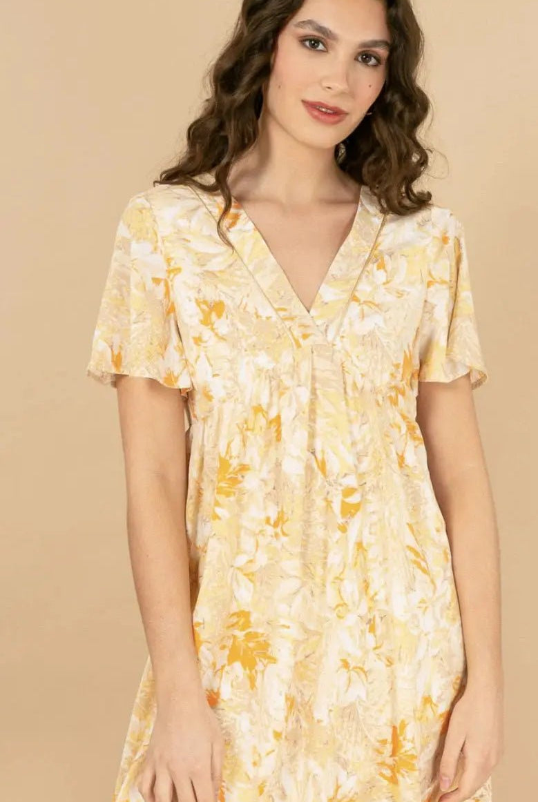 Robe midi fleurie jaune Aurore - La boutique de Nannye