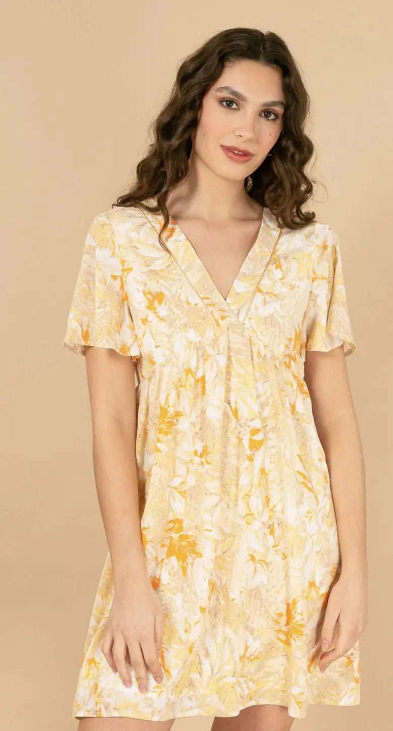Robe midi fleurie jaune Aurore - La boutique de Nannye