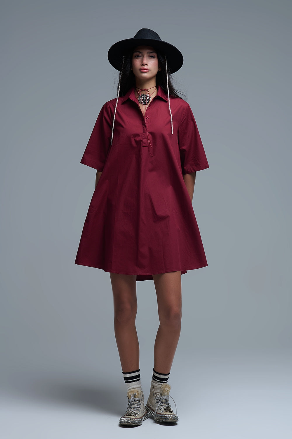 Q2 Robe oversize en popeline à manches 3/4 Burgundy