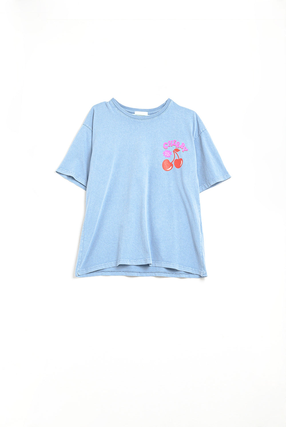 Q2 T-shirt bleu avec cerise dans le logo et les lettres