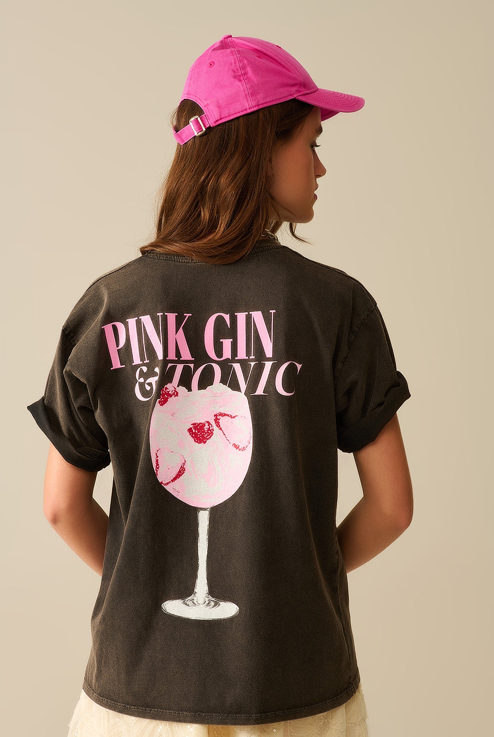 Q2 T-shirt noir délavé PINK TONIC