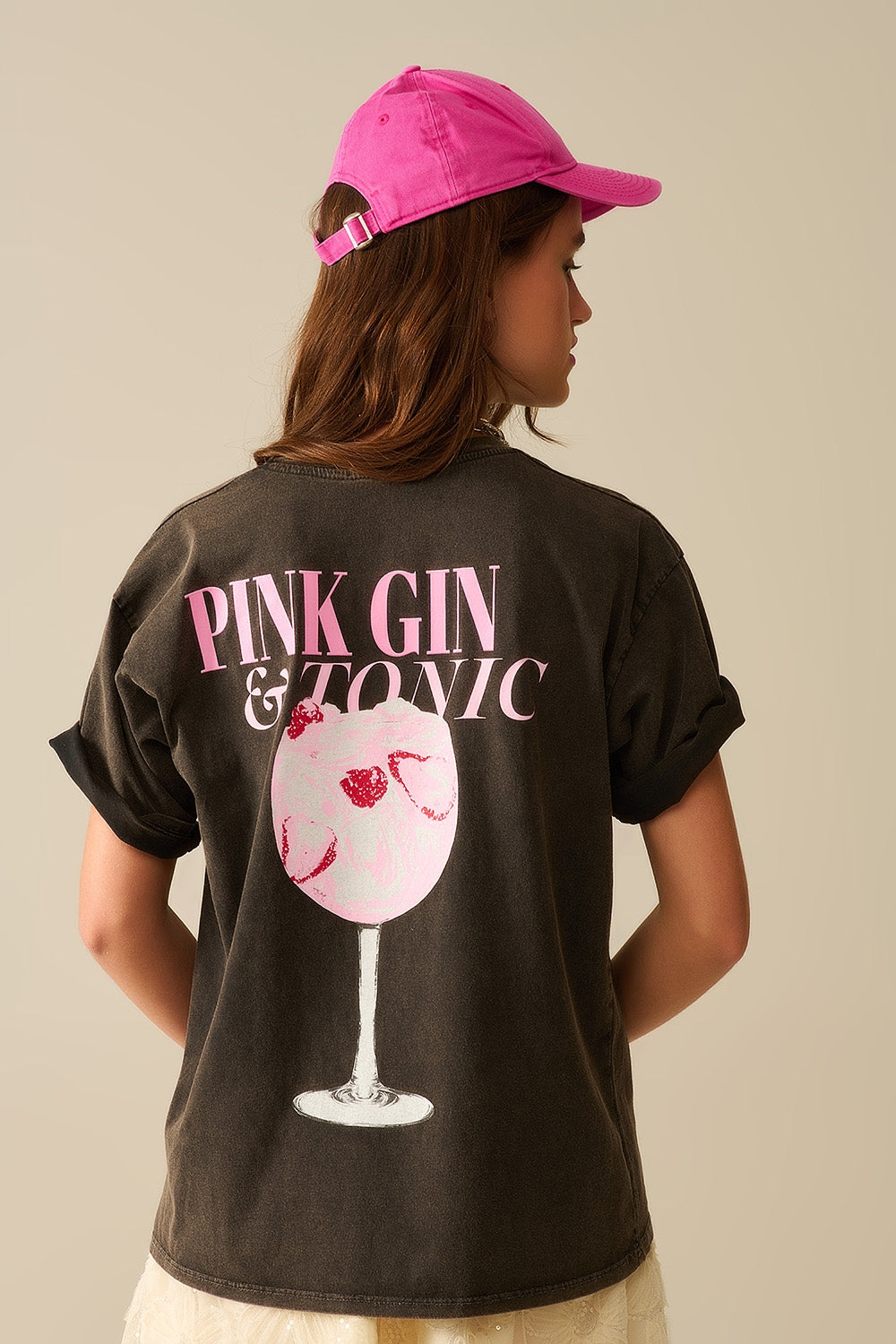 Q2 T-shirt noir délavé PINK TONIC