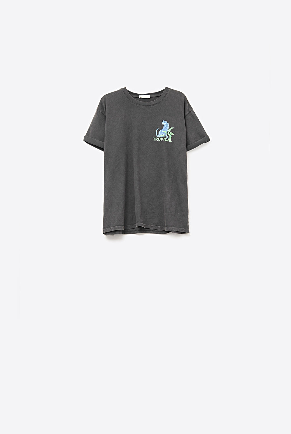 Q2 T-shirt noire fabriquée en Italie avec imprimé graphique tropical