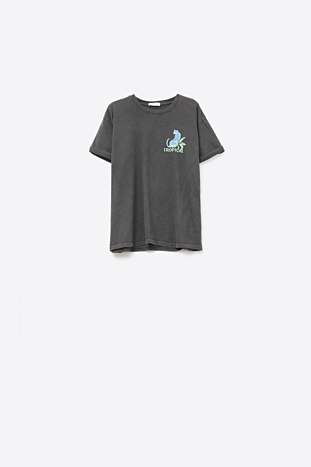 Q2 T-shirt noire fabriquée en Italie avec imprimé graphique tropical