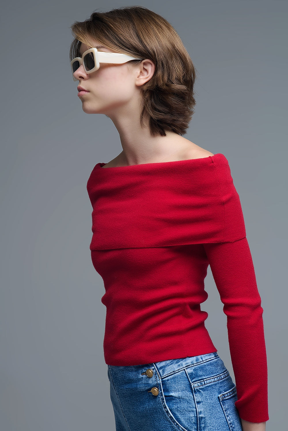 Q2 Top chic en tricot rouge à épaulettes