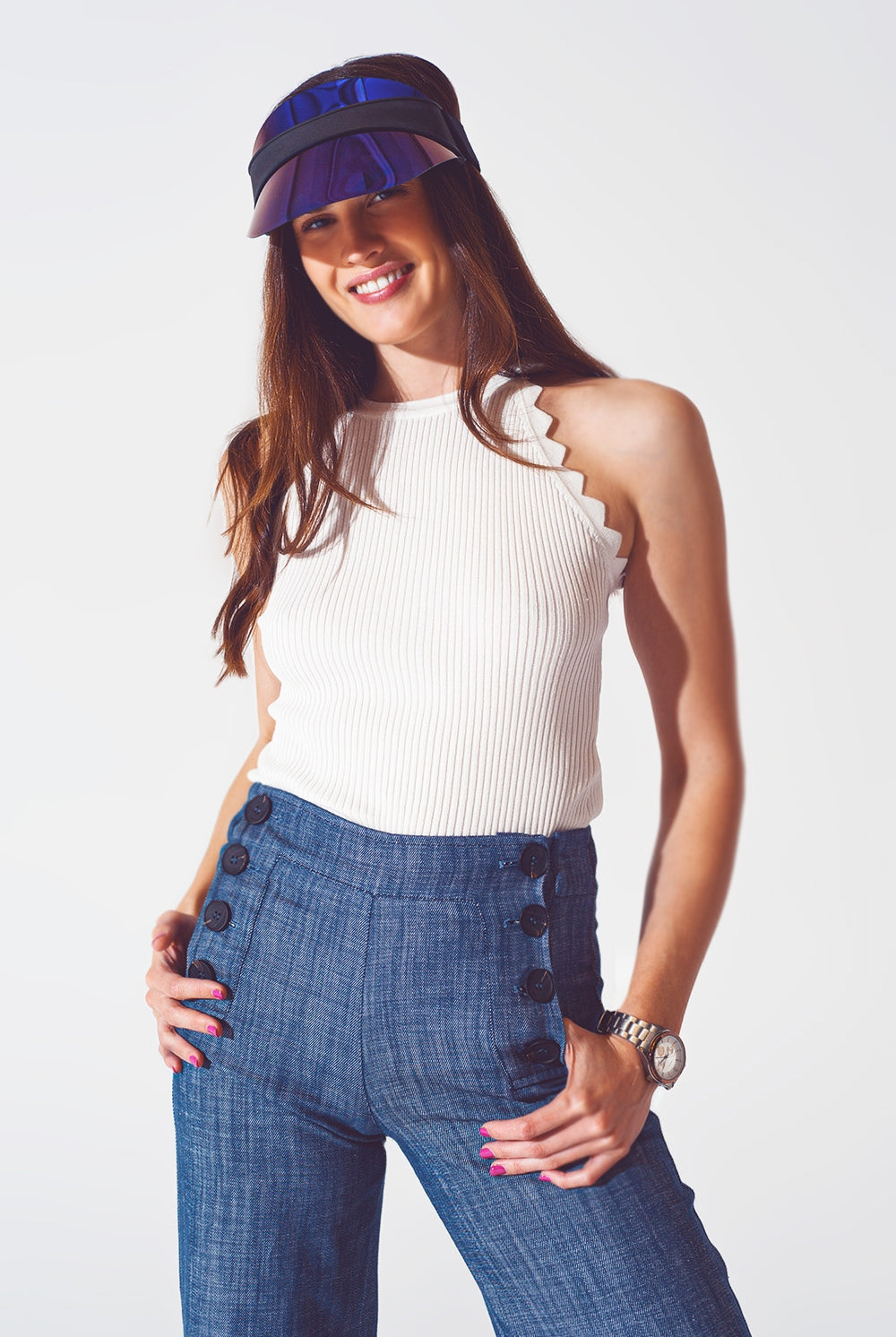 Q2 Top dos nu côtelé avec finition festonnée en blanc