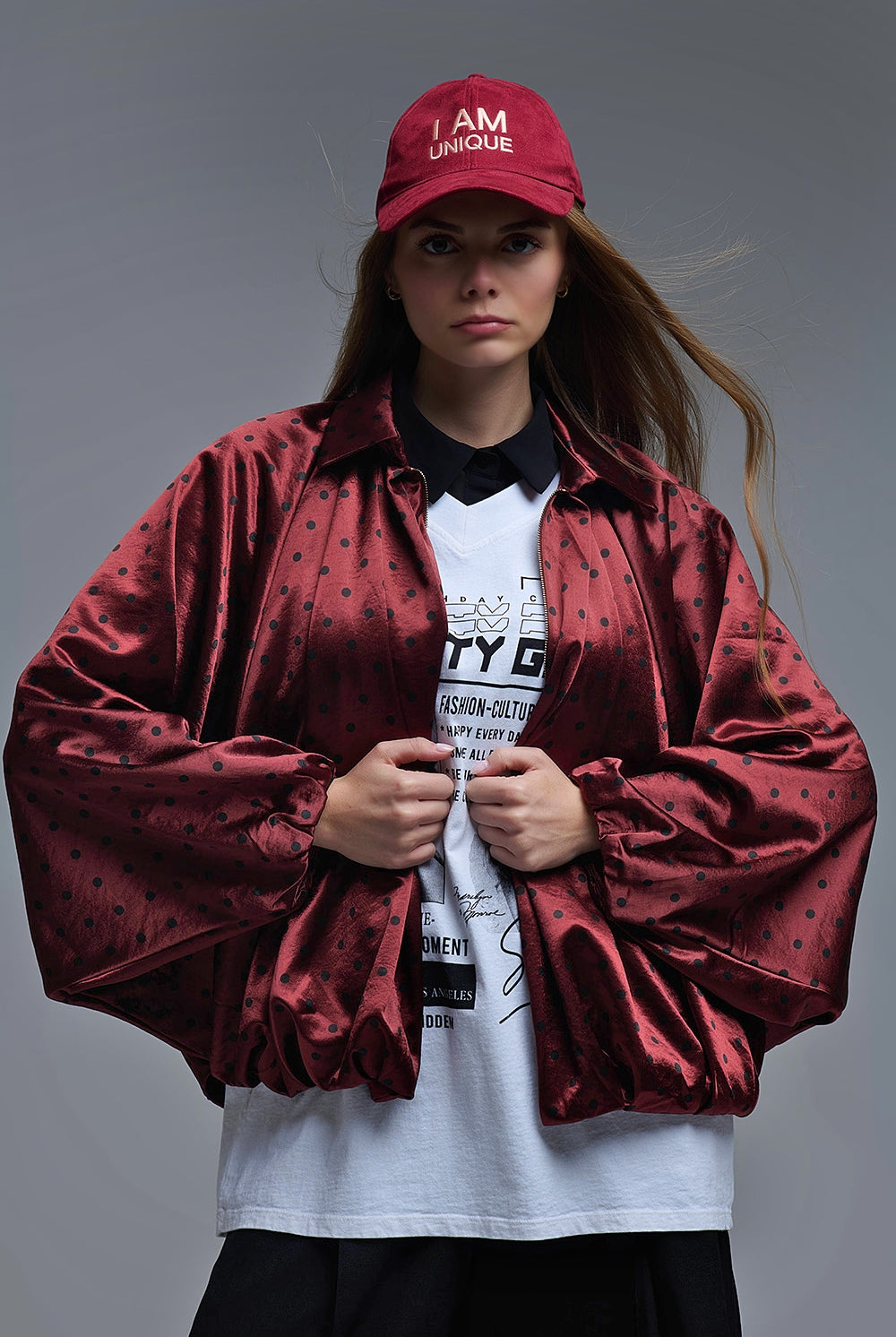 Q2 Veste bomber en satin à pois en bourgogne