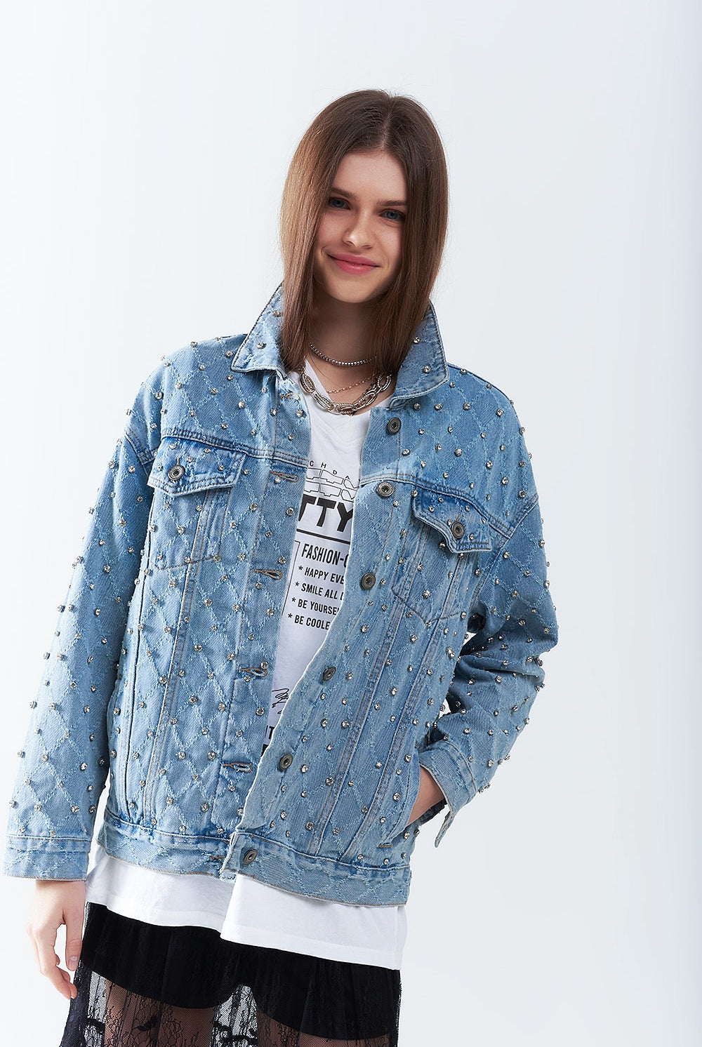 Q2 Veste en jean large avec strass en motif losange