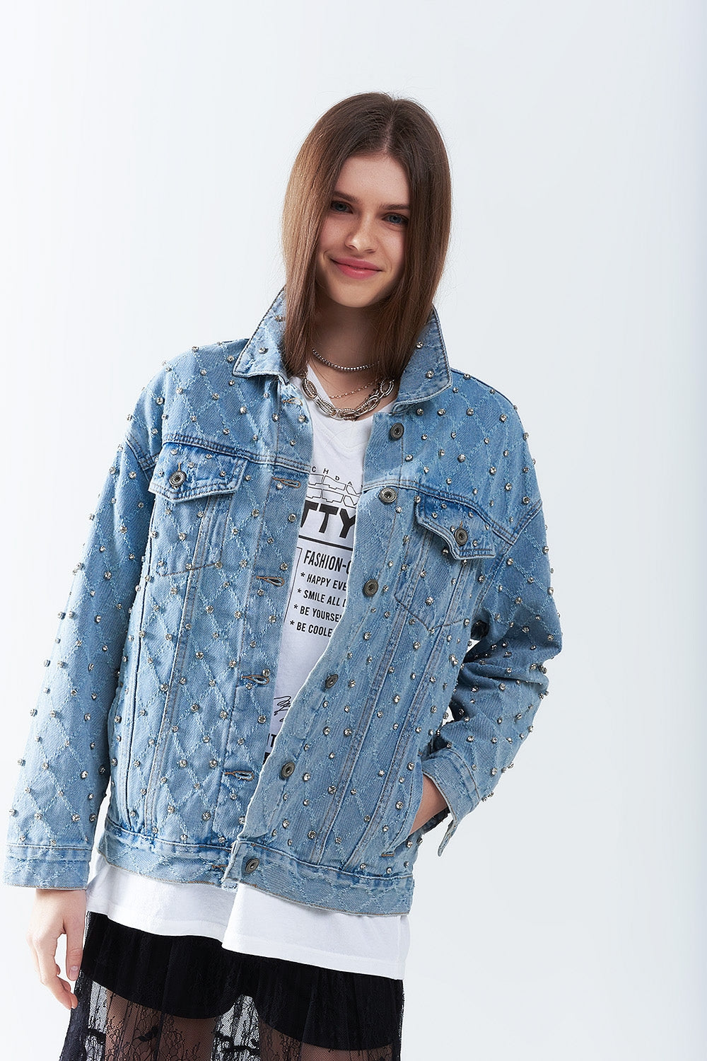 Q2 Veste en jean large avec strass en motif losange